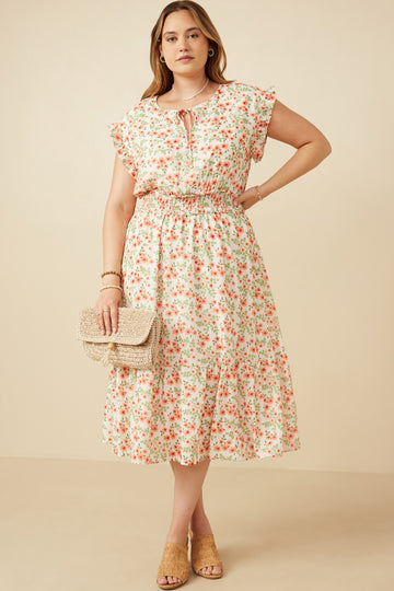 HY6978 Off White Womens Floral Ruffled Detail Smocked Waist Dress Full Body